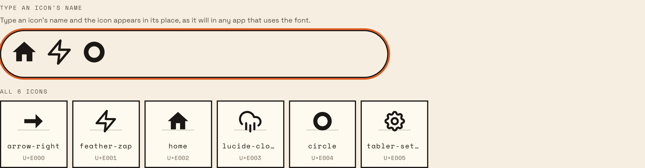 Preview in an icon font: the names home, feather-zap and circle typed in the box show as their icons, and below them every icon with its name and character.