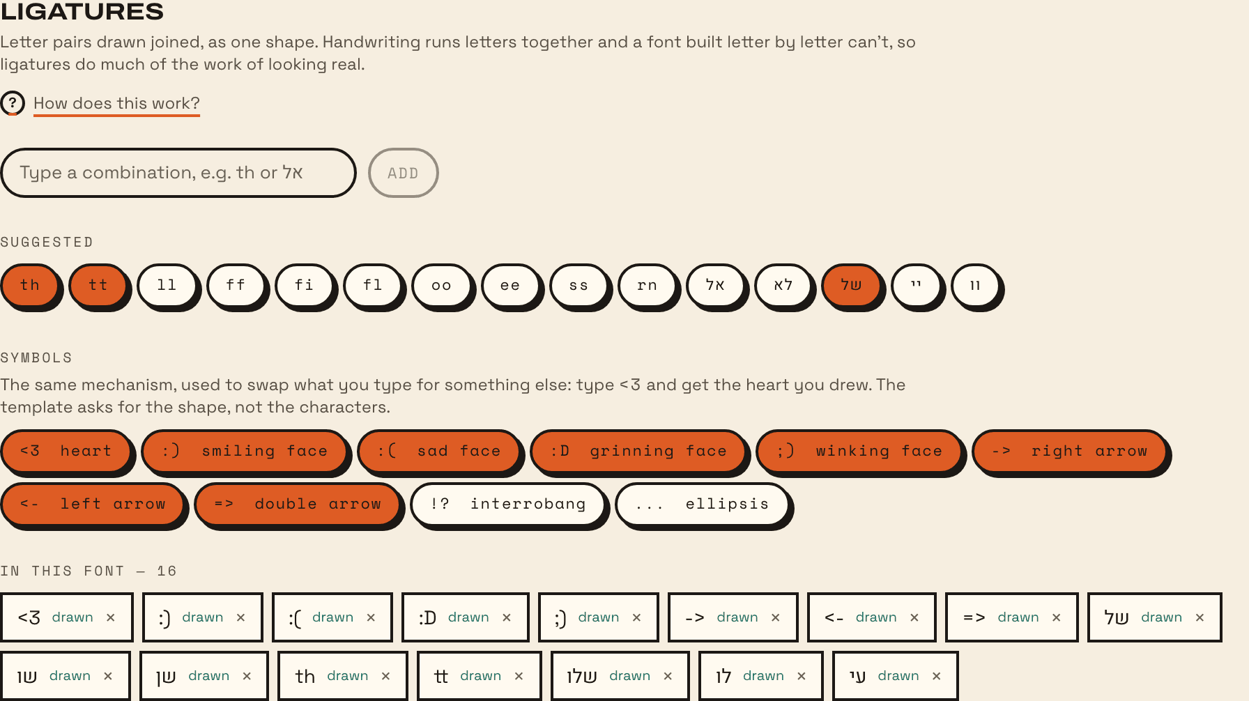The Ligatures section: a box to type a combination, suggested pairs like th, ll and אל, and symbols like a heart for <3.