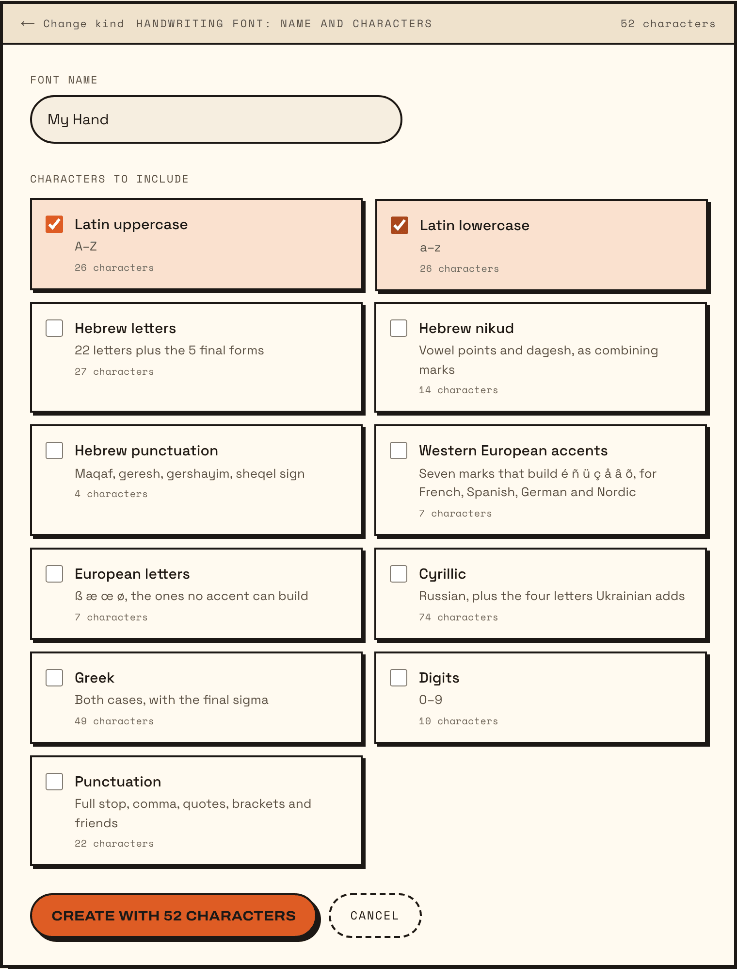 The New font form: a font name typed in, and a list of character sets with Hebrew letters and Latin lowercase ticked.