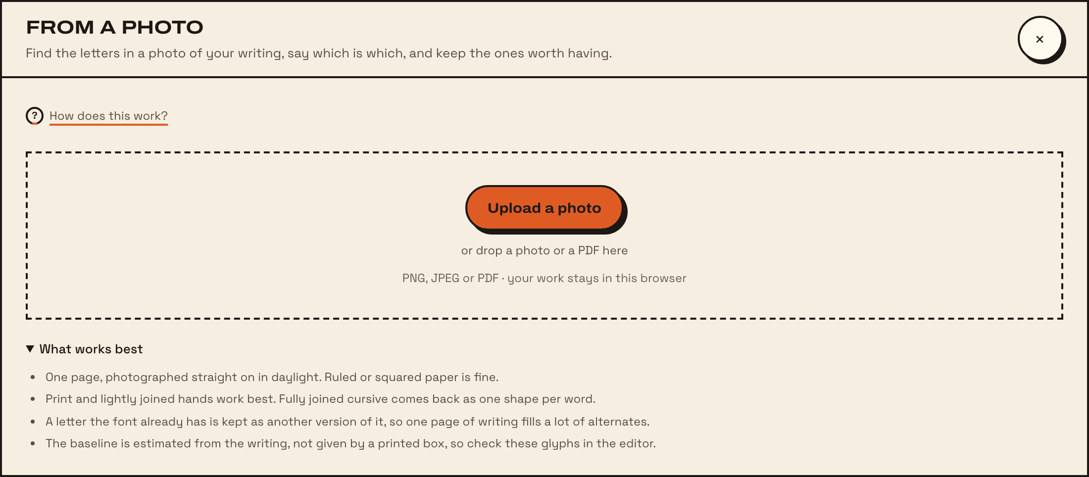 The From a photo dialog: an Upload a photo button over a drop area, and the What works best tips opened beneath it.