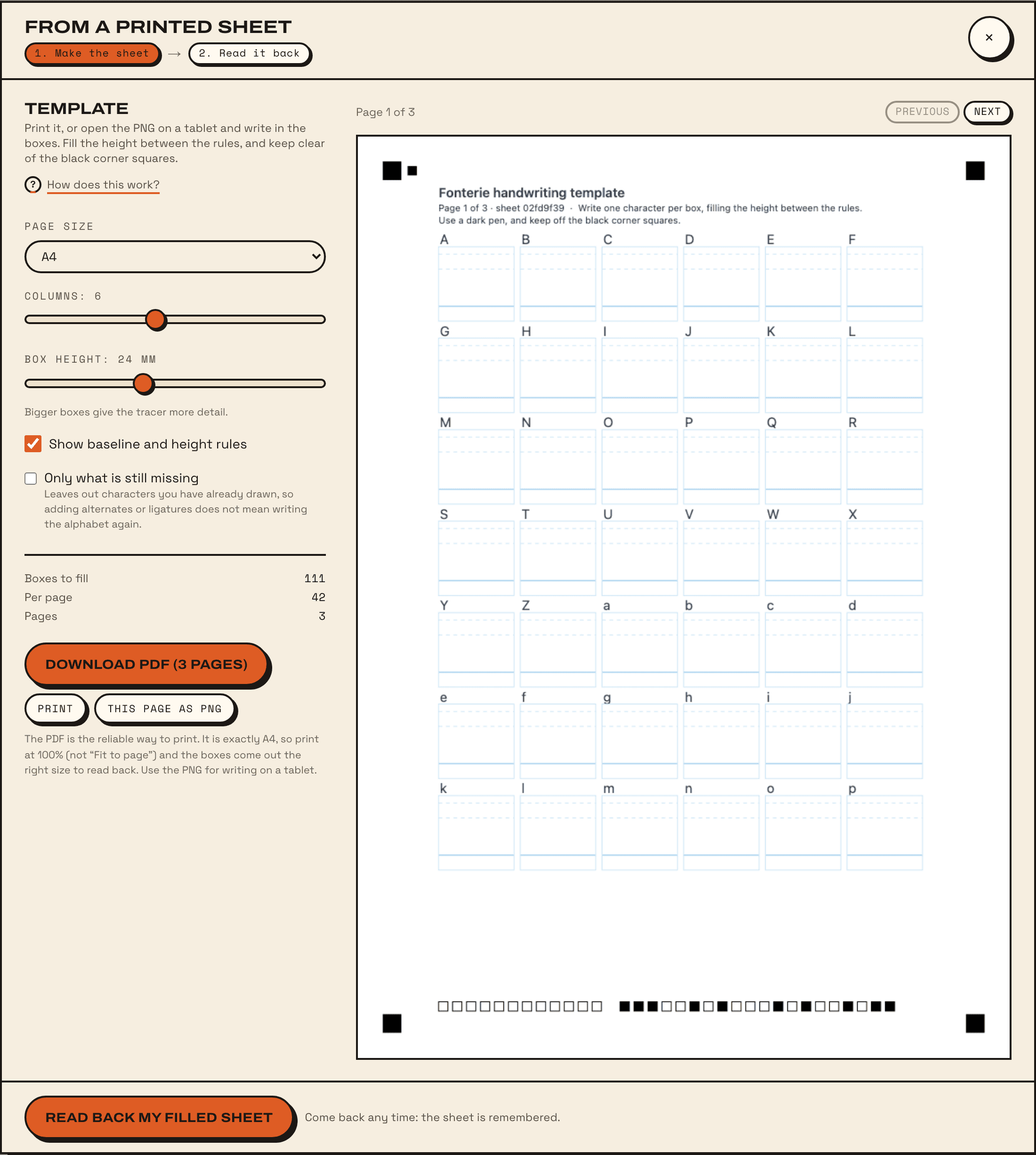 The Make the sheet step: page size, columns and box height on one side, a preview of the first page of boxes on the other.