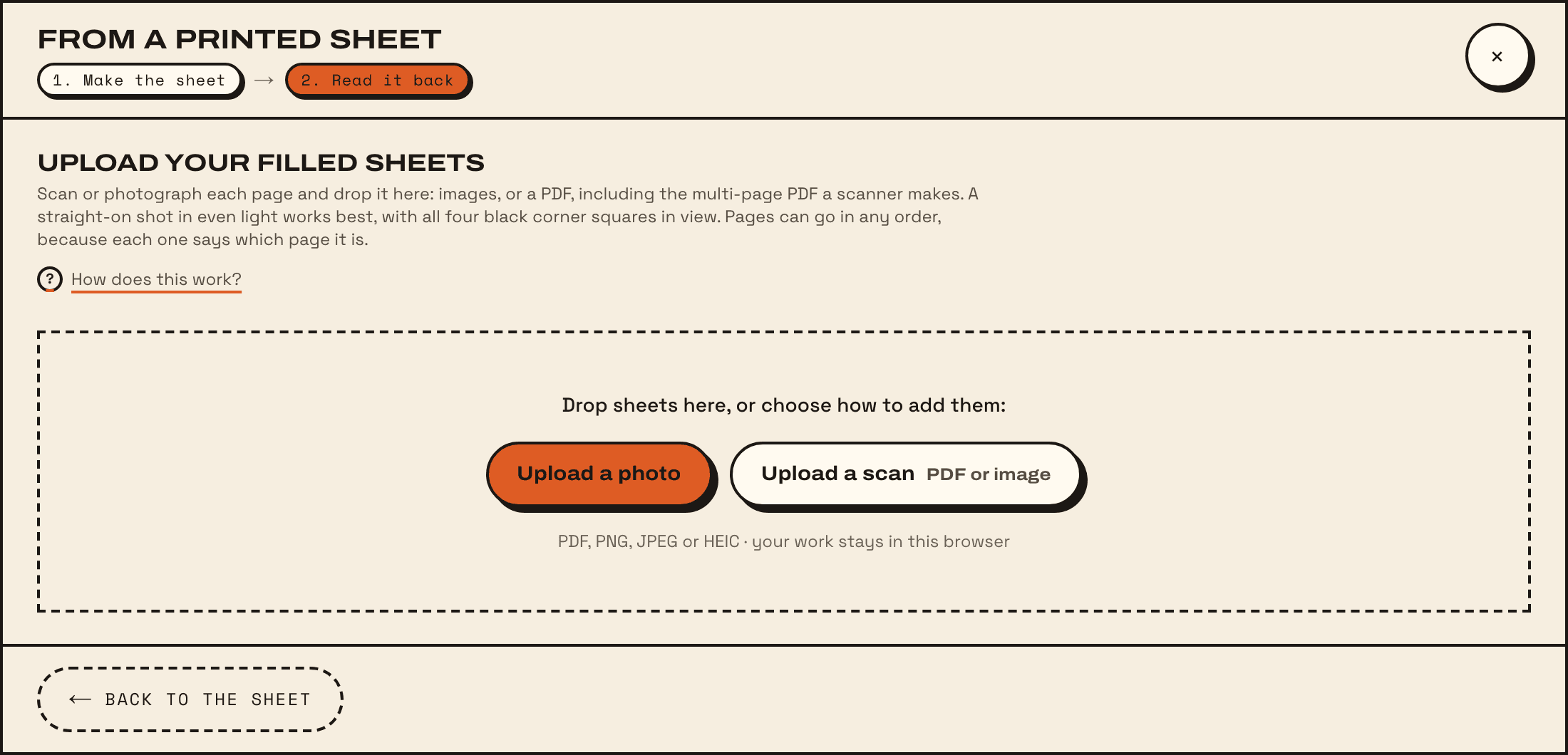 The Read it back step: a drop area with the buttons Upload a photo and Upload a scan.