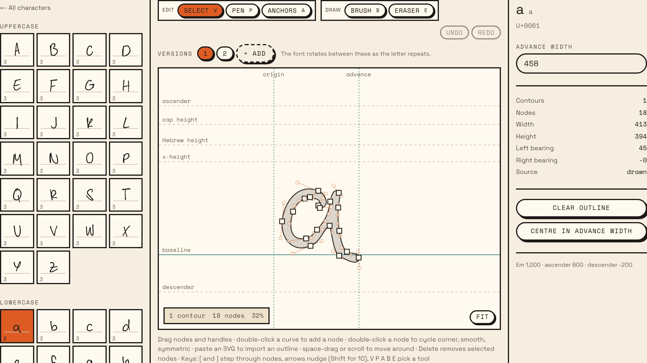 The letter a open in the editor: its versions, 1 and 2, numbered above the drawing, with + Add beside them.