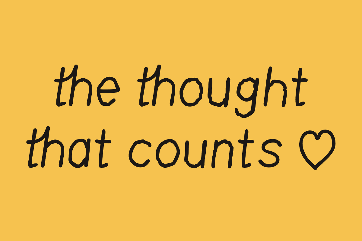 Sample in the font: “the thought that counts” followed by a heart. The th is joined, and <3 has become a heart.